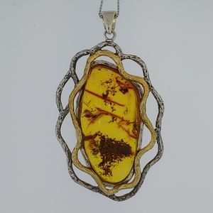 Two Tone Sterling Silver One of a Kind Amber Neckl